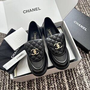 Chanel Black Quilted Loafers with Gold CC Logo